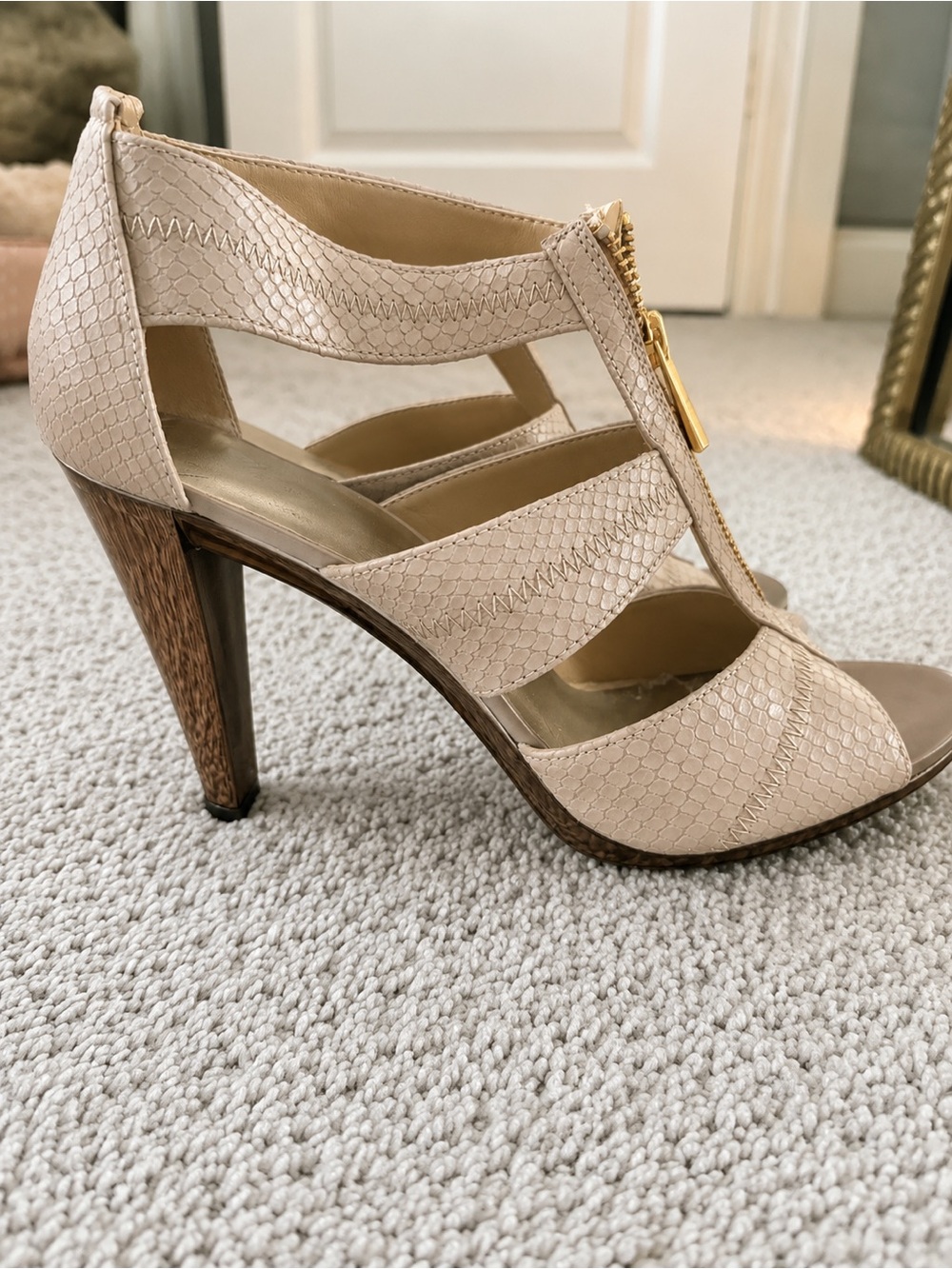 Michael Kors Beige Strappy High Heel Sandal with Gold Zip Accent